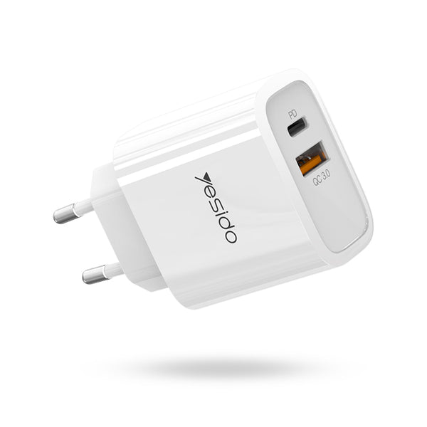 Incarcator retea Fast Charge Yesido Explore, Type-C PD + USB, QuickCharge 3.0, 18W, White